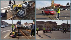 Mototiclist aruncat pe liniile de tramvai de o maşină (Galerie FOTO)

