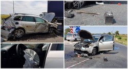 Accident spectaculos la ieşirea din Arad! A sărit cu maşina peste sensul giratoriu! [Galerie FOTO]