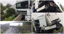 [UPDATE FOTO] Un TIR plin de carne s-a oprit pe calea ferată după ce a ieşit în decor în zona localităţii Bătuţa 