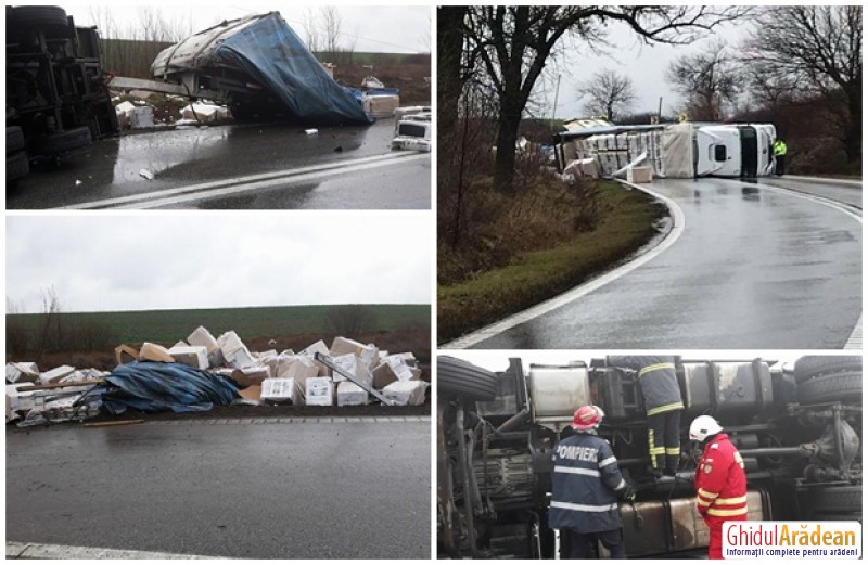 Accident rutier pe DN69. Un autotren încărcat cu aparatură electrocasnică s-a răsturnat între Arad şi Vinga