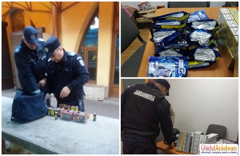 Țigări de contrabandă și materiale pirotehnice confiscate de jandarmi