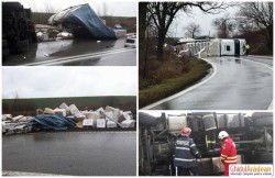 Accident rutier pe DN69. Un autotren încărcat cu aparatură electrocasnică s-a răsturnat între Arad şi Vinga