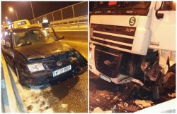 Coliziune frontală între un camion şi un autoturism, pe podul din Curtici