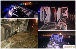 Camion răsturnat la ieşirea de pe autostradă, de lângă Zona Industrială! Şoferul, un cetăţean turc, a fost transportat la spital