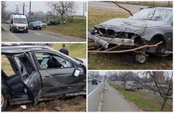 Accident spectaculos în zona Sălii Polivalente. Un tânăr a zburat cu BMW-ul de pe pod!