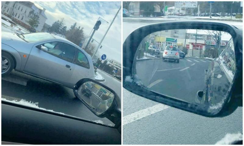 Bizonul zilei: O şoferiţă a vrut  să schimbe sensul de mers în giratoriul de la INTIM, şi i-a reuşit!