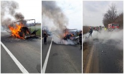 Momente de spaimă pentru un șofer pe DN7. Remorca mașinii a luat foc cu tot cu bagaje