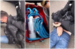 VEZI video cu arestarea a două persoane din Arad, bănuite că au furat bani dintr-un bancomat din Arad