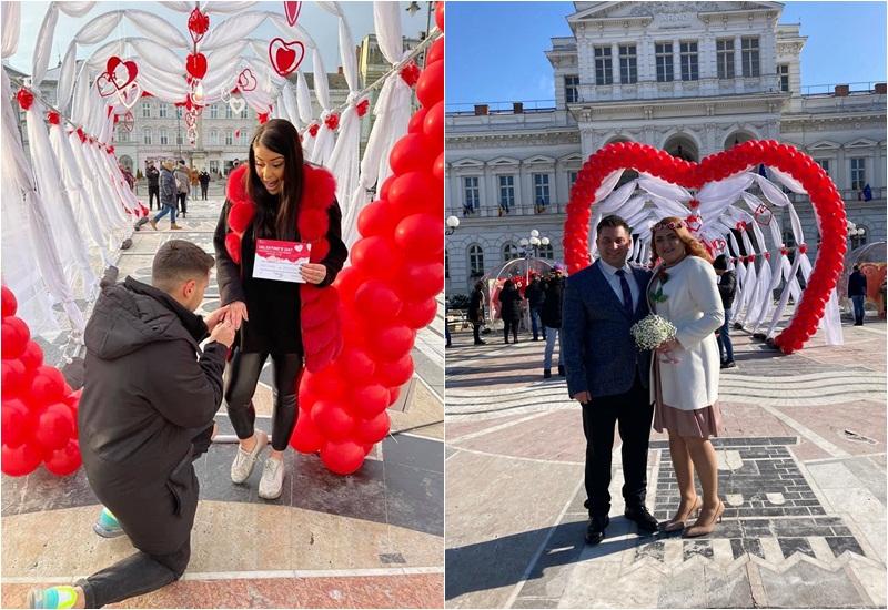 Două cereri în căsătorie au avut loc duminică, 14 februarie 2021, la evenimentul “Îndrăgostit de Arad”, pe platoul din fața Palatului Primăriei