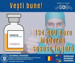 134.400 doze de vaccin Moderna sosesc azi în România