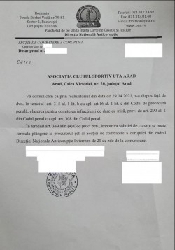 Deși clubul UTA a primit soluție de clasare de la DNA în cazul de luare de mită, unii la nivel înalt o doresc pe UTA retrogradată