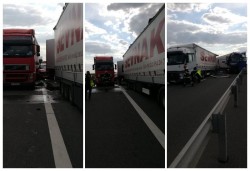 Accident după accident cu victime pe autostradă. Trei TIR-uri au intrat în coliziune. O victimă a fost preluată de elicopterul SMURD