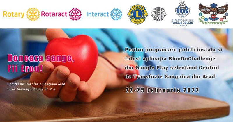 Campanie de donare de sânge organizată de cluburile Rotary, Rotaract, Interact, Lions ,Leo , Universitatea de Vest "Vasile Goldis" şi Liga Studentilor UVVG din Arad