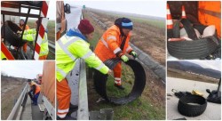 Colectare de anvelope abandonate în zona de siguranță a autostrăzii A1. Șoferii care le aruncă la marginea șoselelor riscă să rămână fără autovehicul
