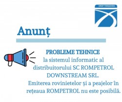 Datorită unor probleme tehnice emiterea rovinietelor în rețeaua Rompetrol nu este posibilă