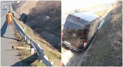 Accident cu victime pe autostrada A1 în zona Șagu. Un microbuz de transport persoane a aterizat în șanț. Traficul este restricționat