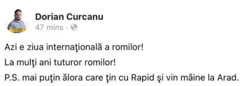 Rasism, inconștiență sau patriotism local exacerbat! De ”Ziua Internațională a Romilor”, consilierul USR de Arad, Dorian Curcanu le transmite ”La mulți ani”, dar mai puțin celor de la Rapid! 