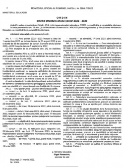 Este bătut în cuie. Structura anului școlar 2022-2023 a fost publicată în Monitorul Oficial. Școala începe pe 5 septembrie 2022, este organizată pe 5 „module de învățare” și are 5 vacanțe