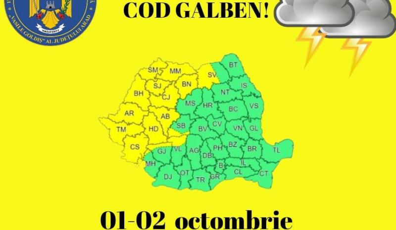 Aradul  sub avertizare de COD GALBEN până duminică dimineața! Averse de ploaie cu până la 50l/mp! 