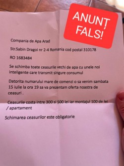 Atenție la escroci! Compania de Apă Arad anunță că în municipiu circulă anunțuri false referitoare la înlocuirea contoarelor