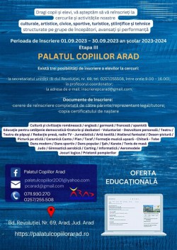 Încep înscrierile pentru anul școlar 2023-2024 la Palatul Copiilor Arad 