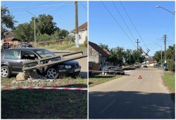 Un autoturism a rupt un stâlp de energie electrică lăsând multe zone din Macea în beznă