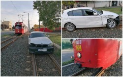 Un BMW s-a opintit într-un tramvai pe strada Pădurii din Arad. Șoferul a fugit de la locul accidentului