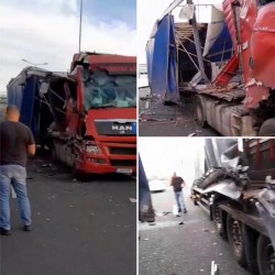 Două TIR-uri s-au izbit violent pe autostrada de centură a Aradului
