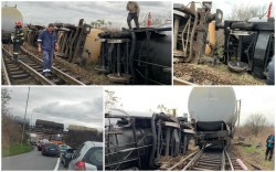 Alertă în Arad. Garnitură de tren cu 26 de vagoane care transportă motorină deraiată. 2 vagoane cisternă răsturnate în apropierea Gării Aradul Nou. Dintr-un vagon se scurge motorină

