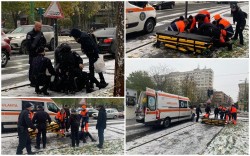 Femeie căzută din cauza poleiului, în apropierea liniei de tramvai
