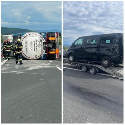 Accident cu victimă pe autostrada A1 între o autocisternă care transporta oțet și un autoturism cu o platformă

