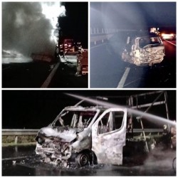 O autoutilitară a lust foc pe autostradă în zona localității Șagu în urma unui accident rutier. Traficul este restricționat