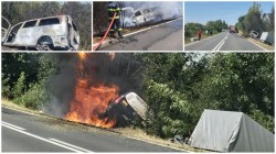 Accident cu victime la Mânerău. Mașina implicată în incident distrusă de flăcări