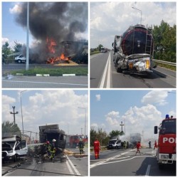 Camioane în flăcări în apropiere de vama Nădlac