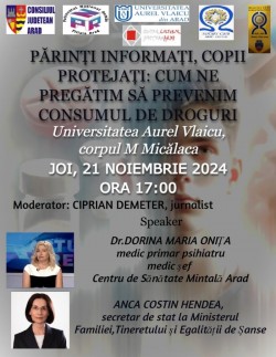Conferința ”Părinți informați, copii protejați: cum ne pregătim să prevenim consumul de droguri” la Universitatea Aurel Vlaicu


