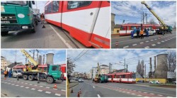 Tramvai deraiat la Polivalentă înainte de urcarea pe podul spre Micălaca. Circulația tramvaielor este oprită