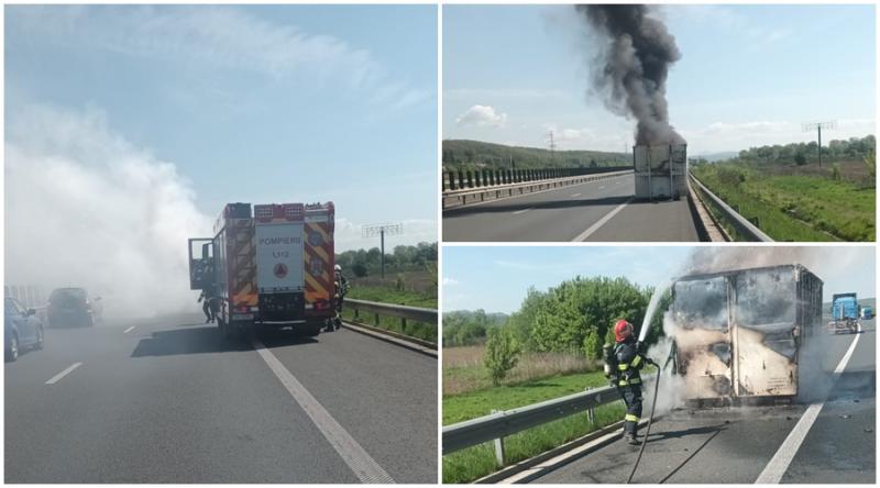 Atenție șoferi! Un camion a luat foc pe autostrada A1