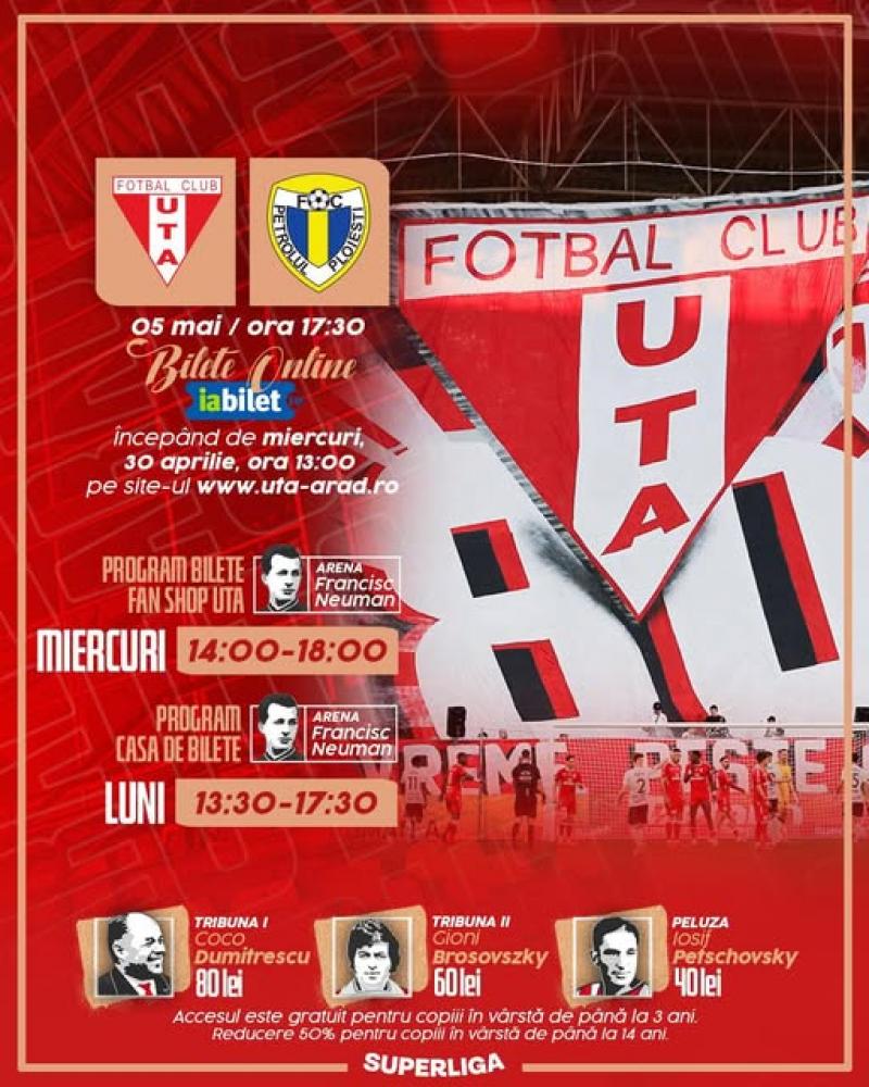 S-au pus în vânzare biletele pentru partida UTA - Petrolul

