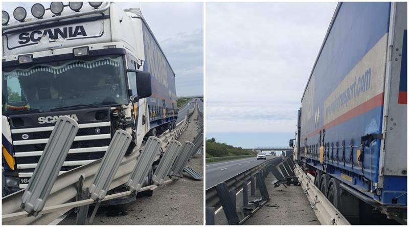 Trafic îngreunat pe autostrada A1 în zona localității Șagu după ce un TIR s-a împlântat în gardul metallic dintre cele două sensuri de mers
