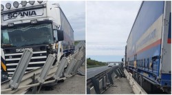 Trafic îngreunat pe autostrada A1 în zona localității Șagu după ce un TIR s-a împlântat în gardul metallic dintre cele două sensuri de mers