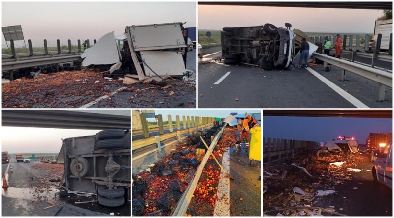 Trafic îngreunat pe autostrada A1 din cauza unui camion plin cu fructe care s-a răsturnat pe carosabil
