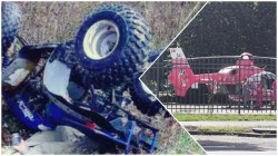 Elicopterul SMURD chemat în ajutor pentru preluarea unei victim după ce s-a răsturnat cu un ATV în zona Moneasa