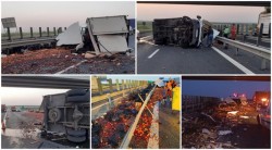 Trafic îngreunat pe autostrada A1 din cauza unui camion plin cu fructe care s-a răsturnat pe carosabil