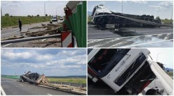 Accident pe autostrada A1 Nădlac – Sibiu. Un TIR cu lemne s-a răsturnat în urma coliziunii cu un autoturism. Traficul este îngreunat. Se circulă doar pe banda de urgență în ambele sensuri de mers

