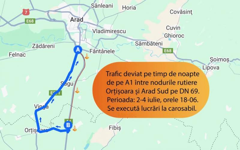 Lucrări pe timp de noapte pe autostrada A1 între nodurile rutiere Orțișoara și Arad Sud. Traficul deviat temporar pe DN 69 Timișoara – Arad

