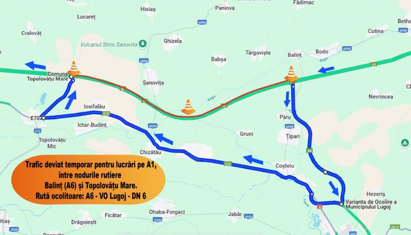 Trafic deviat temporar de pe autostrada A1 pe DN 6, pentru lucrări de întreținere curentă