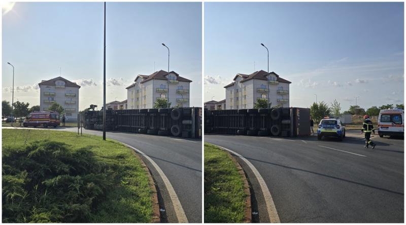Accident cu victimă în Micălaca! Un TIR s-a răsturnat în sensul giratoriu de pe strada Voinicilor