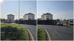 Accident cu victimă în Micălaca! Un TIR s-a răsturnat în sensul giratoriu de pe strada Voinicilor