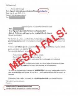 ANAF avertizează cu privire la mesaje false transmise în numele instituției 
