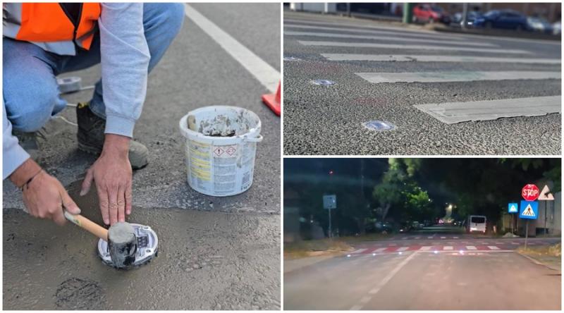 Treceri de pietoni mai sigure în Arad. Markeri luminoși montați în asfalt


